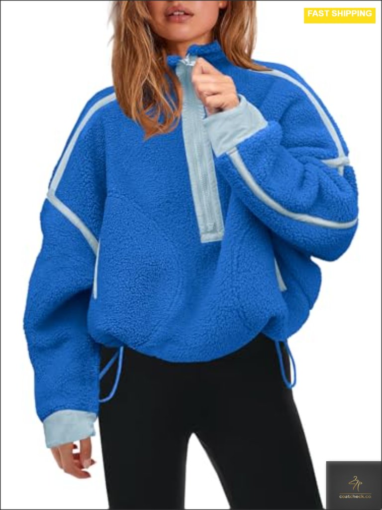 Women's Half Zip Fleece Pullover Sherpa Jacket With Pockets